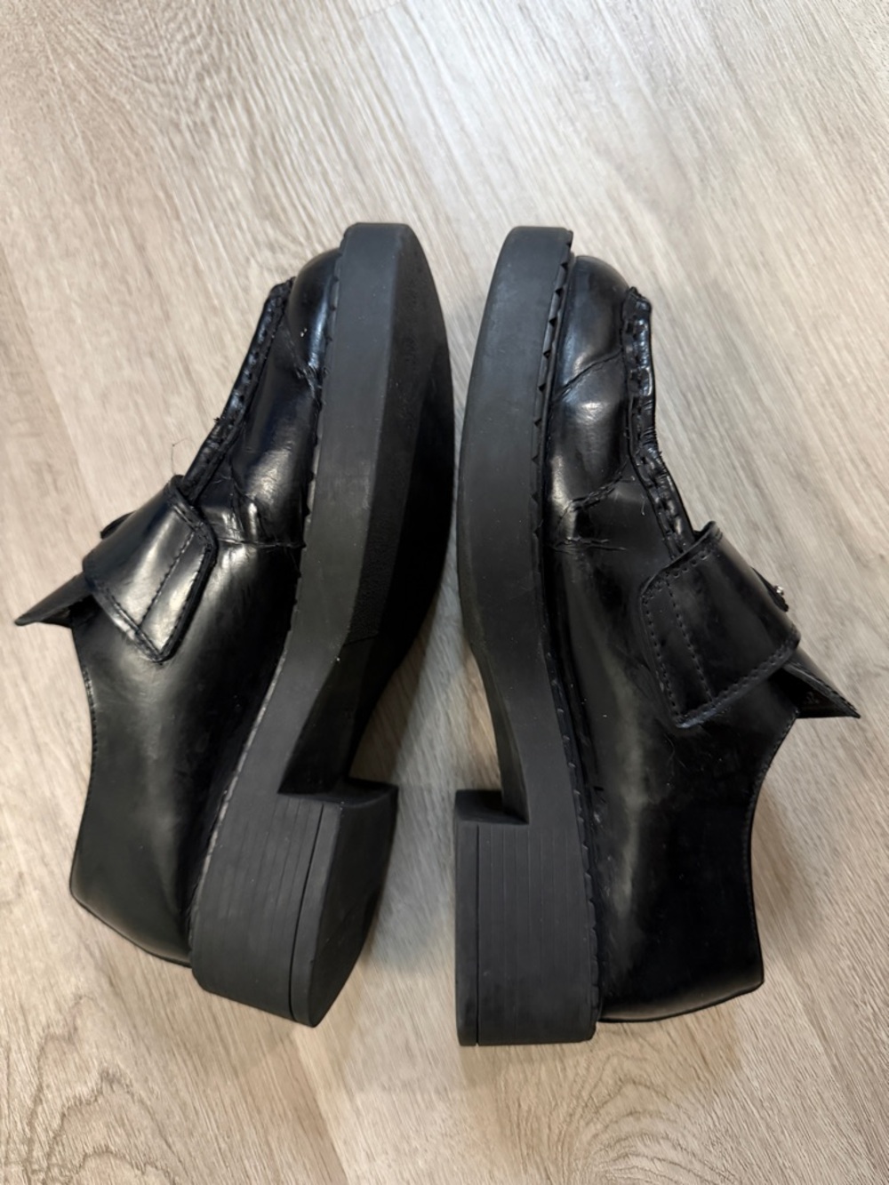 Prada Black Leather Penny Loafers with Metal Triangle Logo - Picture 4 of 16